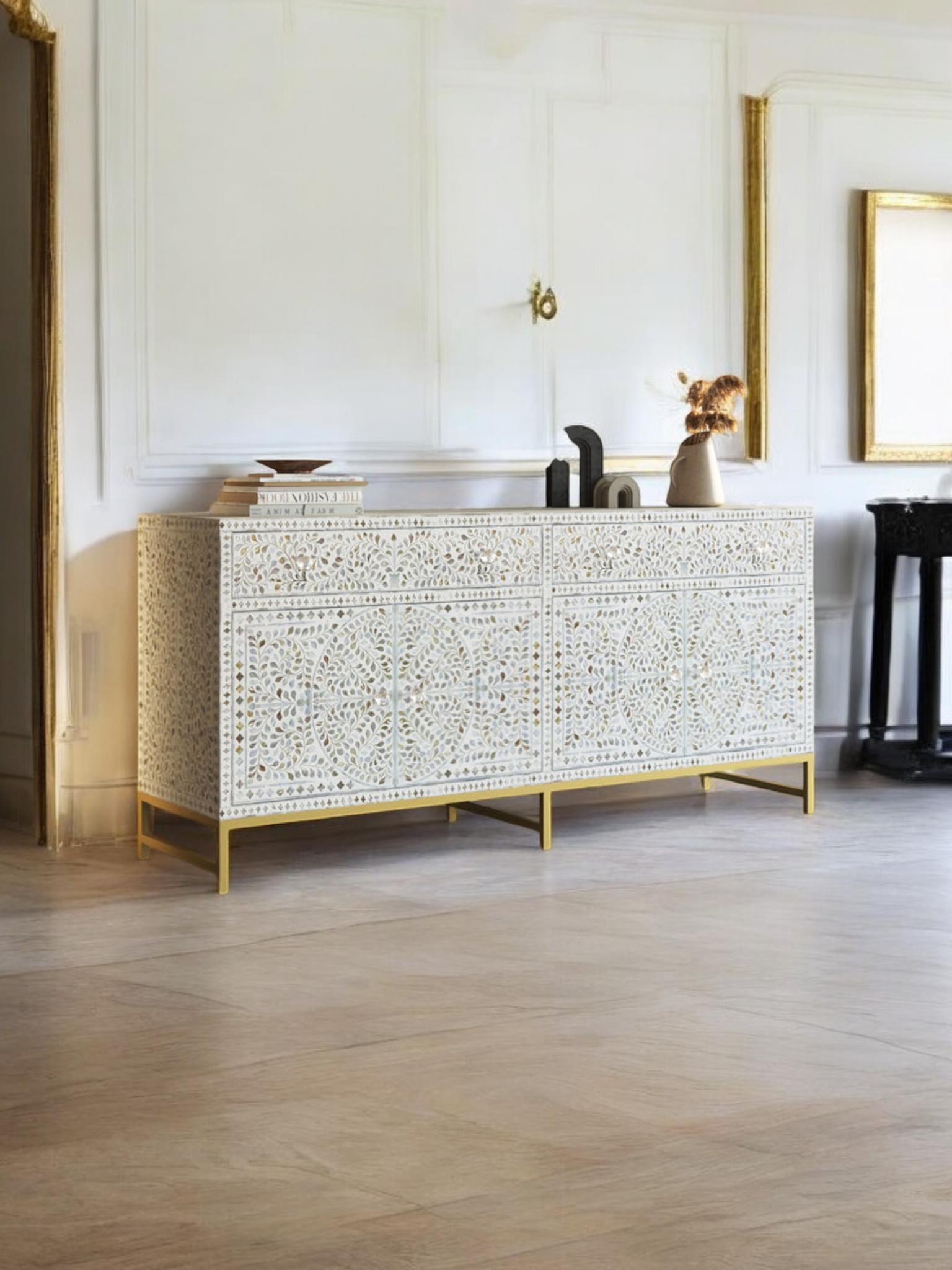 Jodhpur Mother Of Pearl White Inlay Chest Bone Inlay Buffet Bone Inlay Sideboard White Dresser Bone Inlay Furniture MOP Livingroom Cabinet