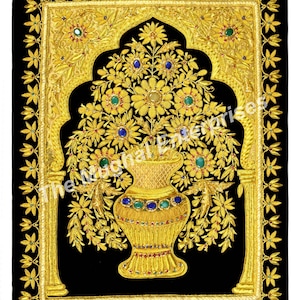Luxury Zardozi Tapestry with Real Gemstones, Zari & Resham Work-Golden Flower Pot Design on Black Velvet - Unique Home Décor - Jewel Carpet
