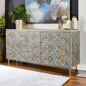 Optical Bone Inlay Chest of 9 Drawers – Black, Optical Design Storage Unit, Artisan Boho Furniture, Luxury Bone Inlay Cabinet for Home Décor