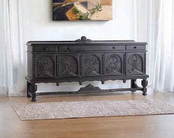 Hand Carved 5-Door Entertainment Console, Mango Wood Sideboard, Brown Solid Wood Buffet Cabinet, Perfect for Storing Crockery and Home Décor