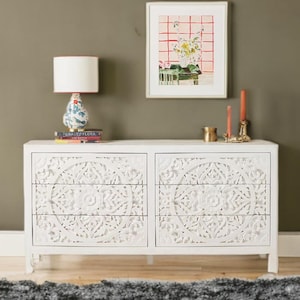 White Wooden Hand-Carved Entryway Cabinet Boho Floral Chest of 6 Drawers Handcrafted Wooden Storage Unit/Dresser for Home Décor