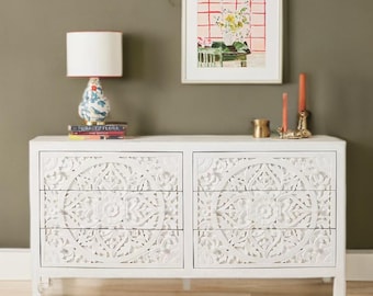 White Wooden Hand-Carved Entryway Cabinet Boho Floral Chest of 6 Drawers Handcrafted Wooden Storage Unit/Dresser for Home Décor