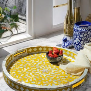 Yellow Mother Of Pearl Inlay Floral Round Tray- Hall Decorative Tray - Living Room Tray - Dining Table Tray - Beverages Tray - Jewelry Tray