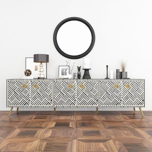 Handcrafted Black Bone Inlay Furniture – Media Console, Optical Design Buffet, Cupboard, and Cabinet