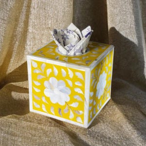 Yellow Mother of Pearl Inlay Decorative Tissue Box - Floral Storage Box -Handmade Indian Tissue Box - mother of pearl inlay cubic tissue box