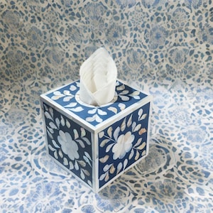 Blue Mother of Pearl Inlay Decorative Tissue Box - Floral Storage Box - Handmade Indian Tissue Box - mother of pearl inlay cubic tissue box