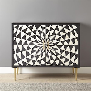 Handmade Bone Inlay Optical Design Bar Cabinet Black & White, Bone Inlay Optical Design Cabinet, Bone Inlay Storage Unit, Housewarming Gift