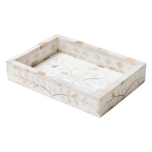 Jodhpur Mother Of Pearl Inlay Rectangular Tray, White Floral Print Tray, Coffee Table Decorative Tray, Living Room Tray For Drinks