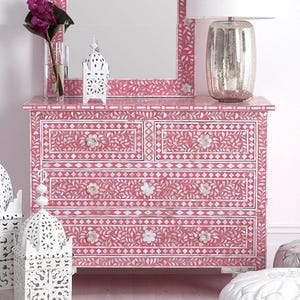 Pink Bone Inlay Chest of 4 Drawers, Bone inlay Cupboard Side Table, Mother of Pearl Inlay Sideboard, MoP Inlay Furniture, Drawer Door Buffet