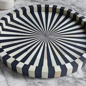 Jodhpur Bone Inlay Round Decorative Tray | Handmade Black & White Stripe Tray | Indian Bone Inlay Accent Tray | Coffee Table Décor