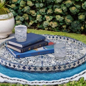 Blue Bone Inlay Round Decorative Tray | Handmade Floral Tray from Jodhpur | Indian Bone Inlay Serving Tray | Coffee Table Decor Gift