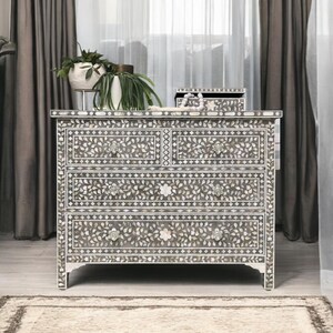Handcrafted Grey Mother of Pearl Inlay Chest of Drawers–Floral Design, Dresser & Commode - Housewarming Gift - Bone Inlay Chest of 4 Drawers