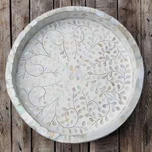 Jodhpur Mother Of Pearl Inlay Round Tray, White Floral Print Tray, Coffee Table Decorative Tray, Living Room Tray For Drinks