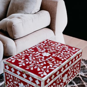 Red Mother of Pearl Inlay Decorative Box - Jewelry Storage Box - Wooden Jewelry Box - Bone Inlay Jewelry Box - Indian Bone Inlay Jewelry Box