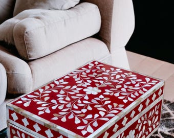 Red Mother of Pearl Inlay Decorative Box - Jewelry Storage Box - Wooden Jewelry Box - Bone Inlay Jewelry Box - Indian Bone Inlay Jewelry Box