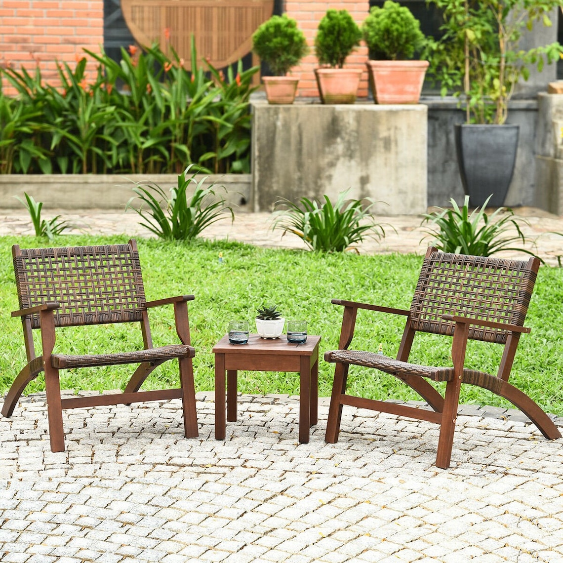 NEW 3PCS Outdoor Wooden Patio Rattan Furniture Set Etsy