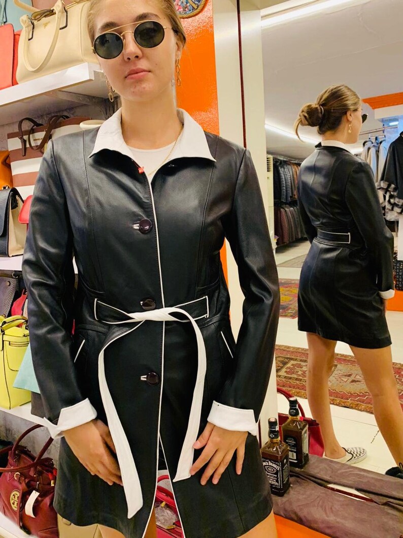 Women/'s 100/% Genuine Leather Coat Women/'s Lambskin Leather Jacket Handmade Jacket Black Soft Leather Coat with Leather Belt
