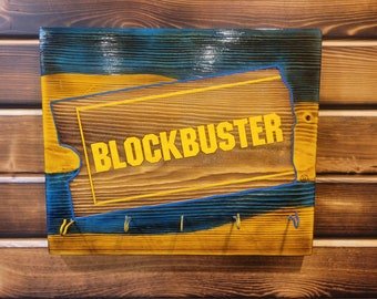 Aangepaste hout blockbuster video logo decoratie teken / display - laser gegraveerd w / HOOKS