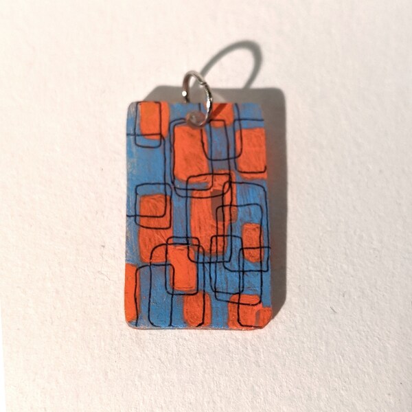 Mid-Century Modern Blue & Orange Design shrink art pendant