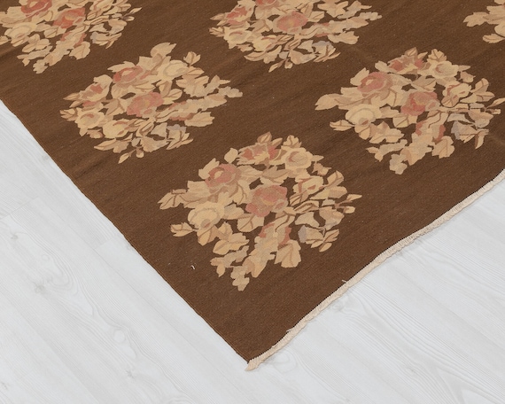 トルコ ヴィンテージラグ ブラウン フローラル 129×211 美品 ブラウン