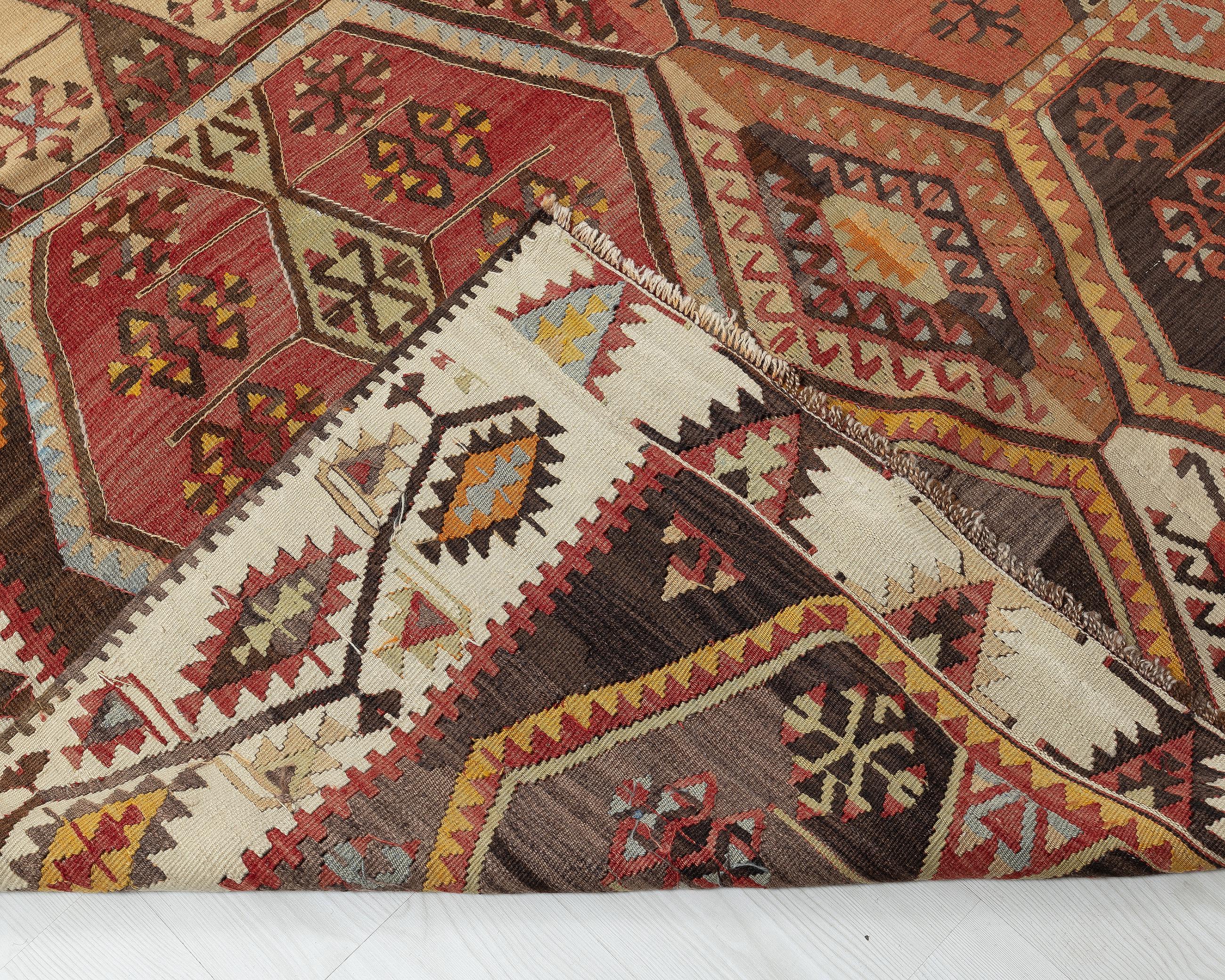 5x15 Vintage Turkish Kilim Rug: Red & Beige Geometric Hand-woven