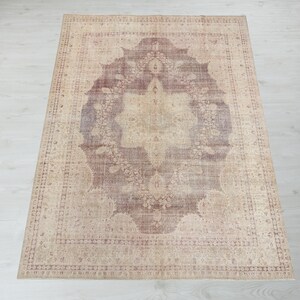 7x11 Vintage Turkish Rug: Beige Hand-Woven Wool Area Rug