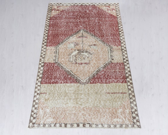 2x3 Vintage Turkish Rug: Hand-woven Wool, Beige and Red - Etsy Ireland