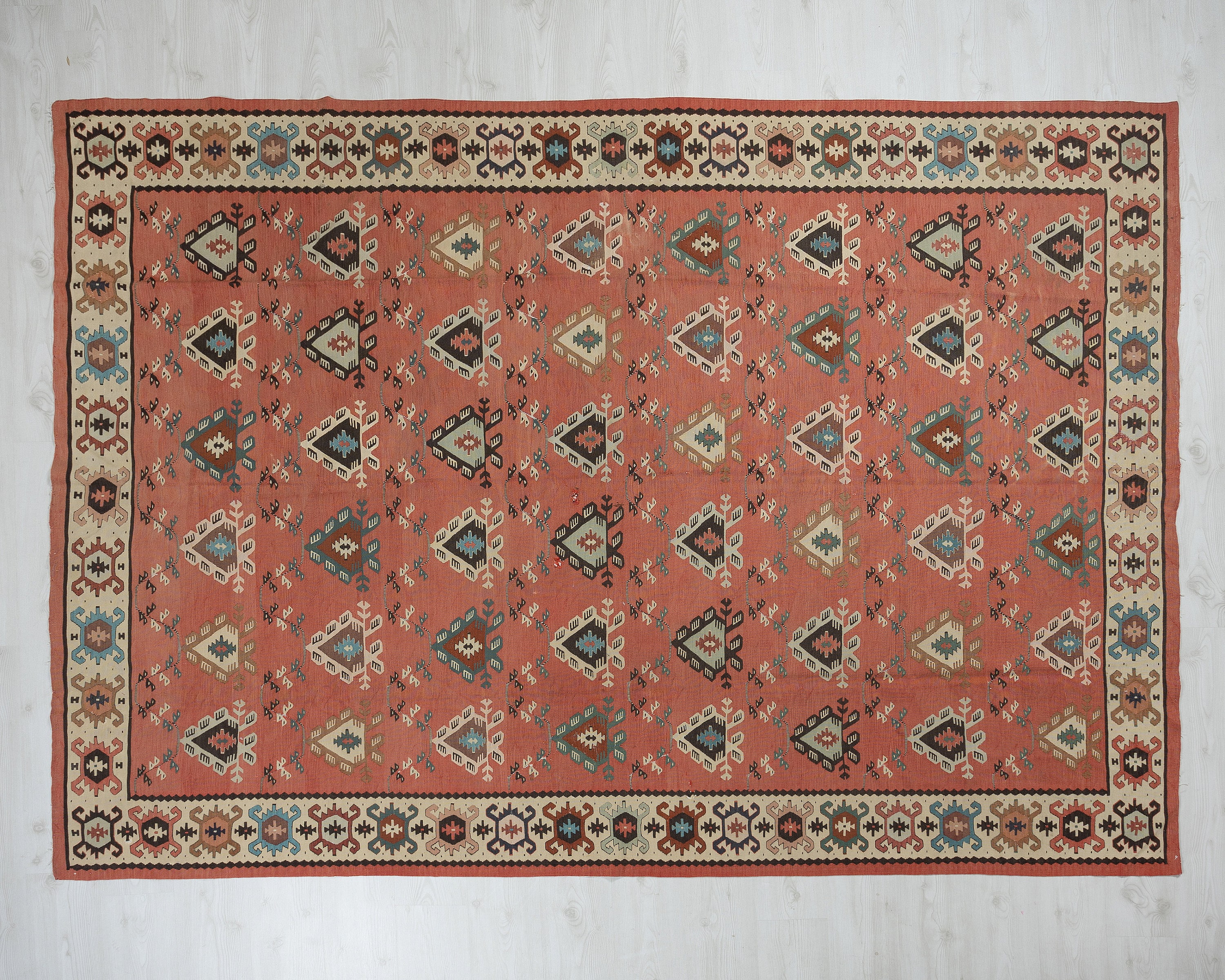 7x9 Vintage Turkish Kilim Rug: Hand-woven Wool Geometric Red Rug