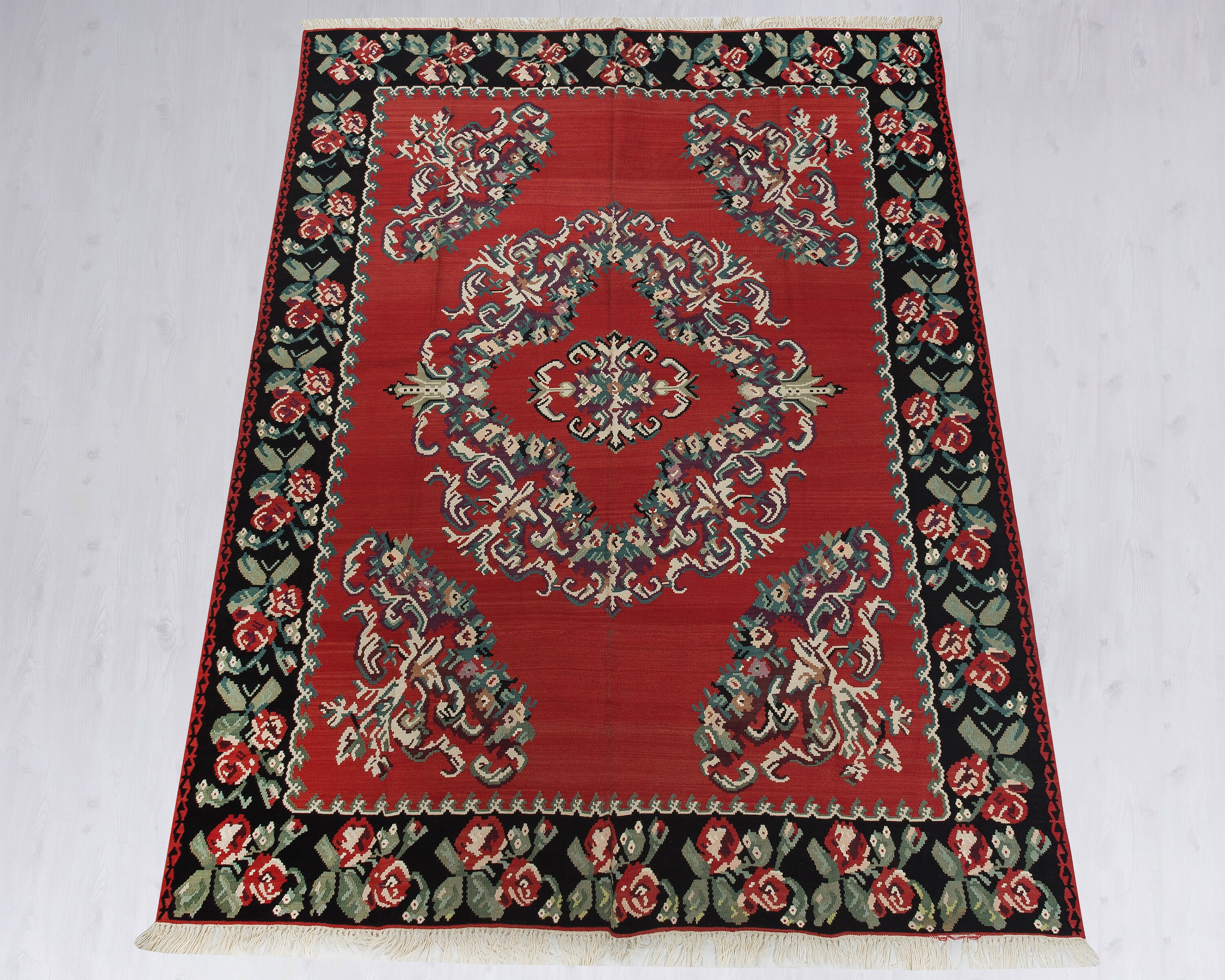 大型ヴィンテージトルコキリムラグ（7x11）：手織りウール幾何学模様