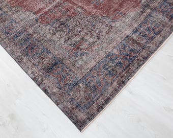 7x11 Vintage Turkish Rug: Red & Blue Oushak, Hand-Woven Wool