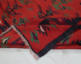 Dywan turecki vintage 9x12: ręcznie tkany z wełny, czerwony geometryczny kilim