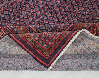 Hand-Knotted Turkish Area Rug: 7x10 Vintage Wool Rug, Navy Blue & Red