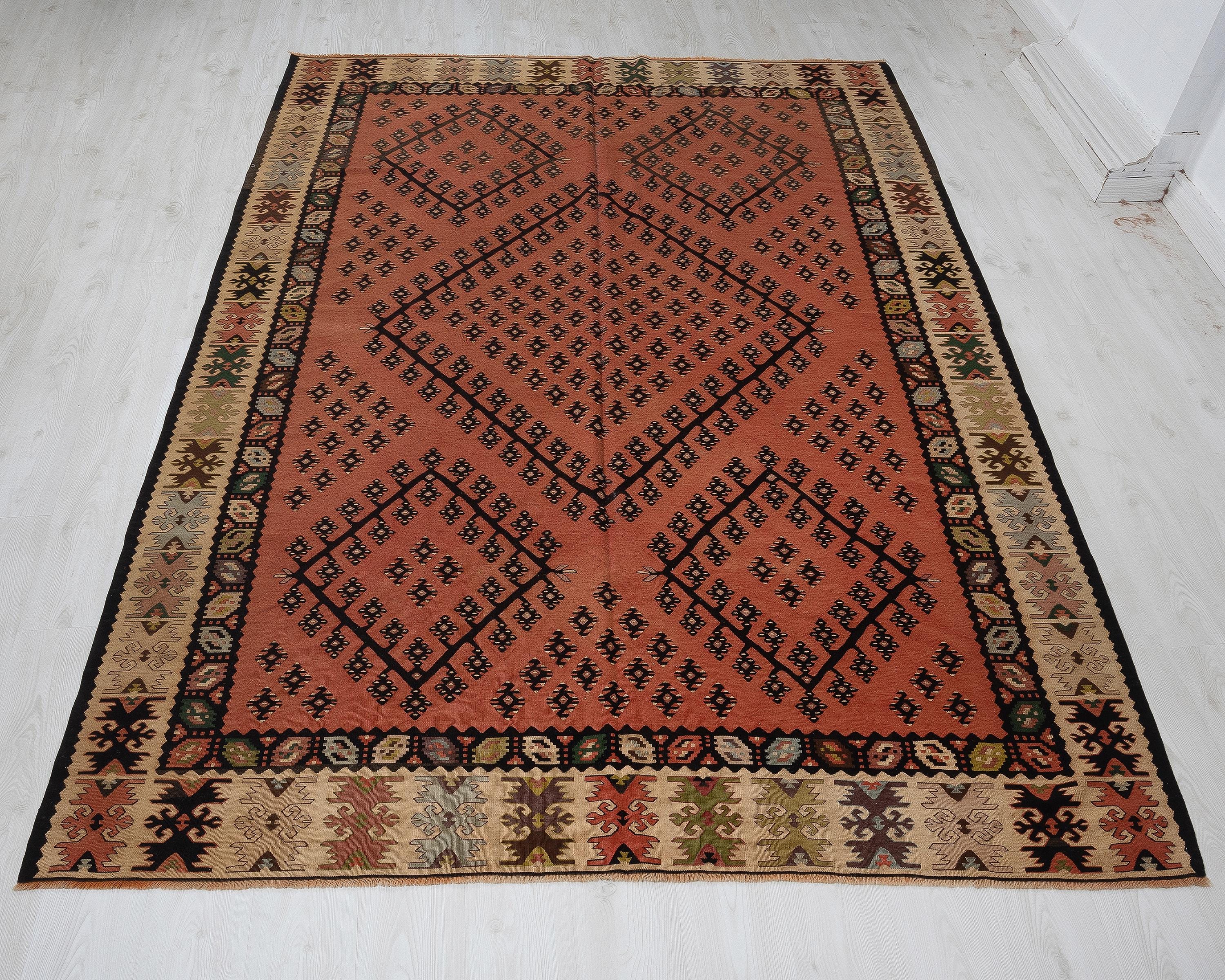 7x9 ヴィンテージ トルコ絨毯：手織りウール、赤の幾何学模様 - Etsy 日本