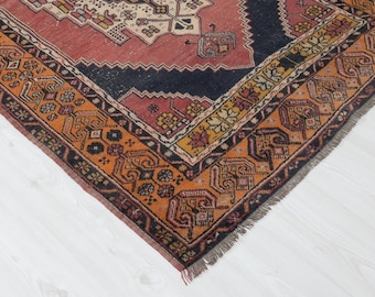 4x7 Vintage Turkish Rug: Red Navy Anatolian, Hand-Woven Wool