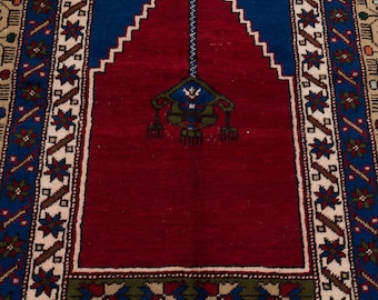 4x6 Vintage Turkish Rug: Hand-Woven Wool Oushak, Red & Navy Blue Carpet