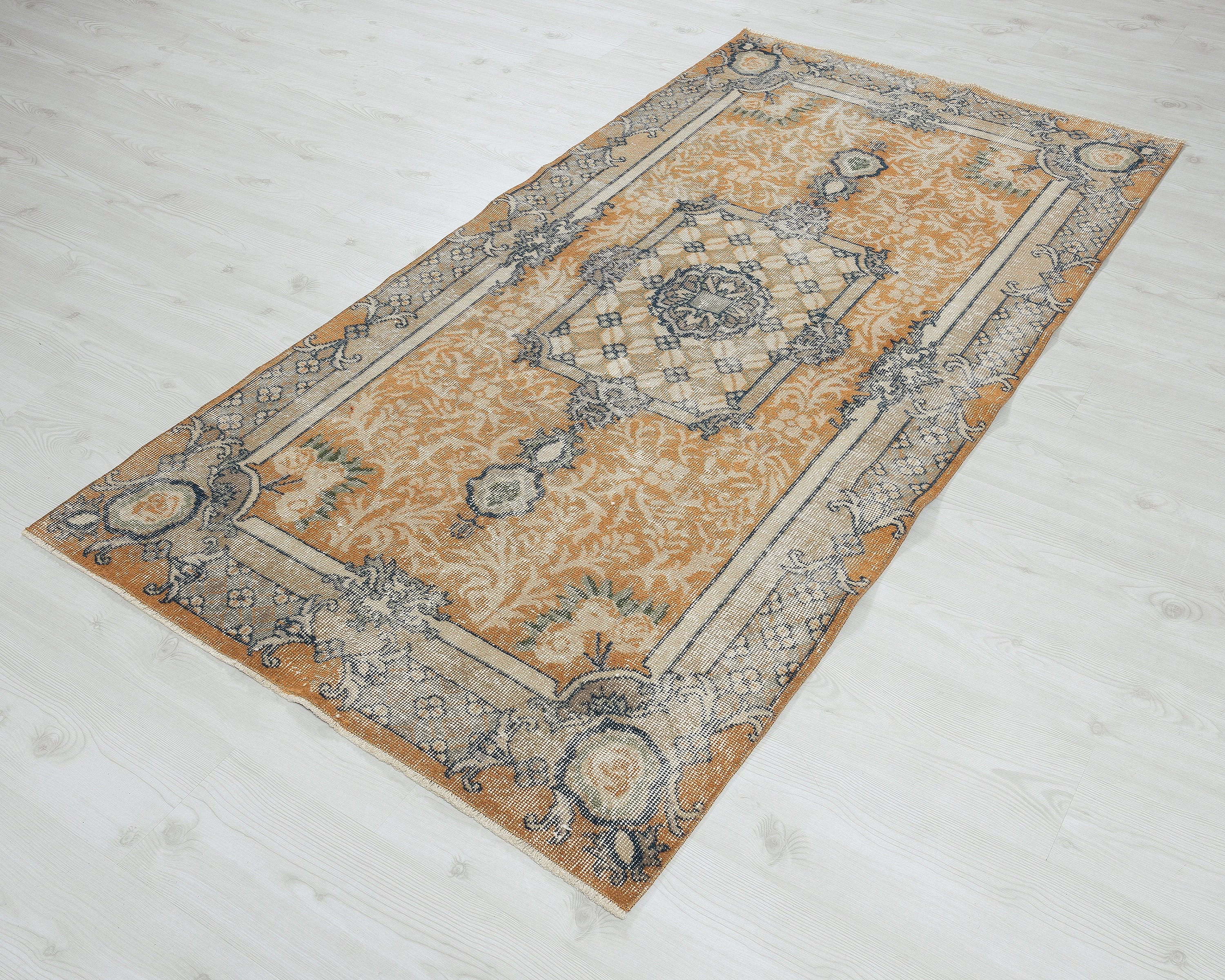 3x7 Vintage Turkish Rug, Antique Handmade Rug, Beige Orange