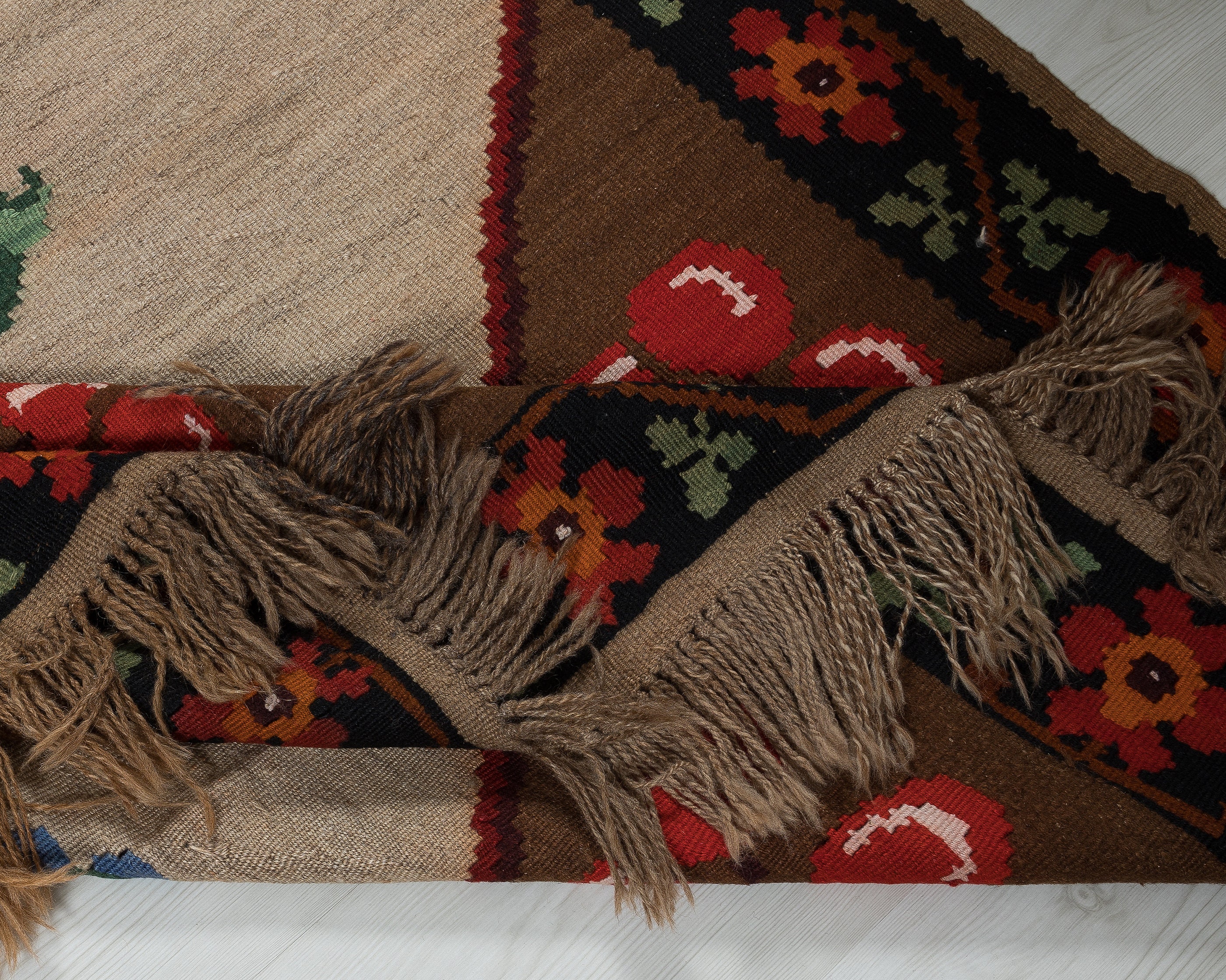 ヴィンテージトルコキリムラグ 4x7：手織りウールフローラル