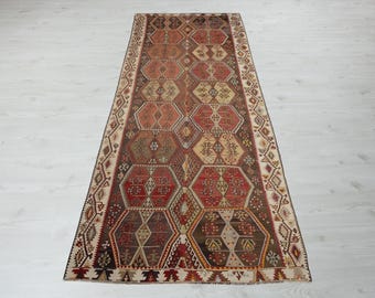 5x15 Vintage Turkish Kilim Rug: Red & Beige Geometric Hand-woven