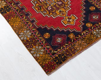 3x6 Vintage Turkish Rug: Hand-Woven Wool, Red and Navy Carpet