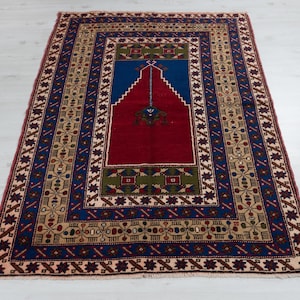 4x6 Vintage Turkish Rug: Hand-Woven Wool Oushak, Red & Navy Blue