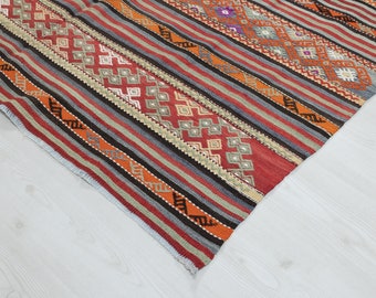 Alfombra Kilim turca vintage de 5x8 pies: Lana geométrica tejida a mano