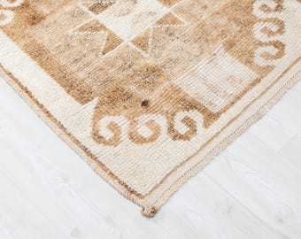 ヴィンテージ手織りトルコ製ランナーラグ：オレンジ幾何学模様ウール