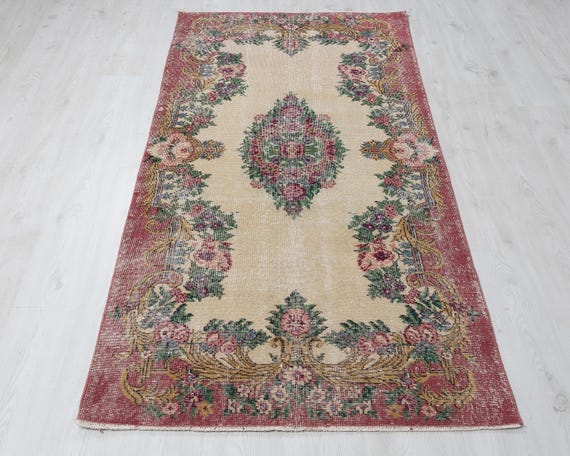 3x6 Vintage Turkish Rug: Hand-woven Wool Beige & Red Anatolian Rug 3x6 Vintage Turkish Rug: Hand-woven Wool Beige & Red Anatolian Rug