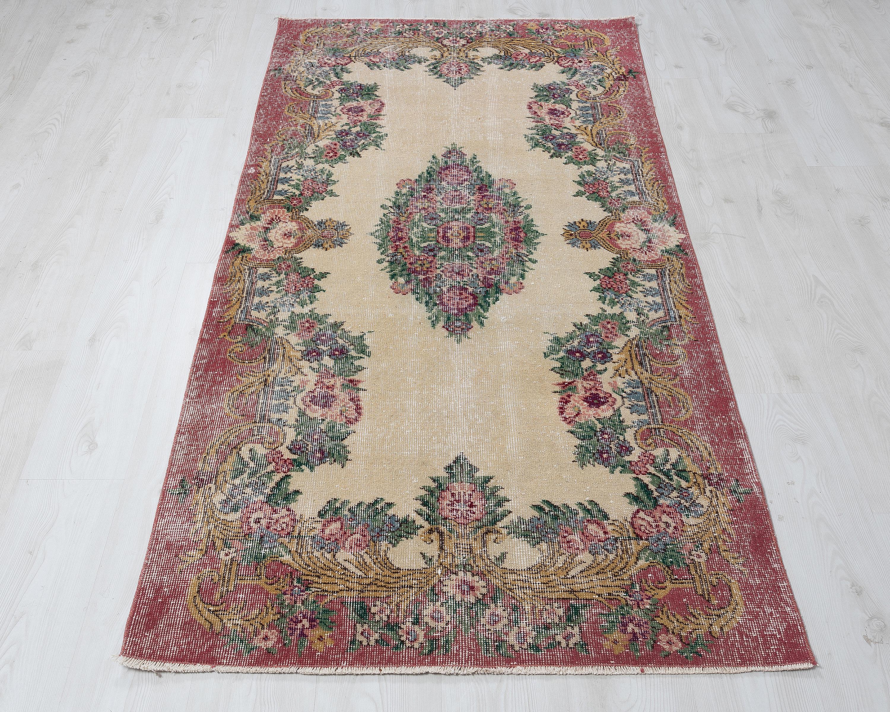3x6 Vintage Turkish Rug: Hand-woven Wool Beige & Red Anatolian Rug