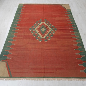 5x7 Vintage Rug, Red Geometric Rug, Antique Red Area Rug, Handmade Rug, Tribal Boho Rug, Wool Red Rug, 5x7 Natural Kilim Rug , 5x7 Rug