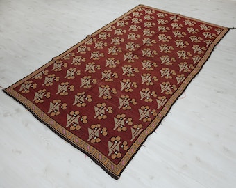 Alfombra Kilim turca vintage de 5x8 pies: Lana geométrica tejida a mano