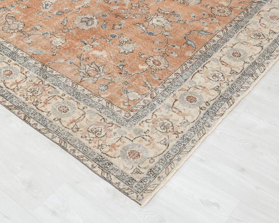 7x11 Vintage Turkish Rug: Oushak Red Anatolian Wool Area Rug