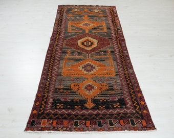 ヴィンテージ手織りトルコ製ランナーラグ：オレンジ幾何学模様ウール