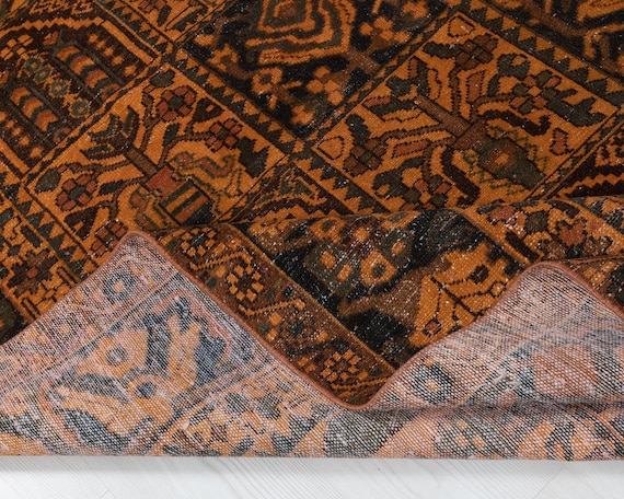 Buy 8x11 Vintage Turkish Rug: Orange Brown Geometric Wool Rug