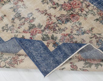150x200 Vintage Türkischer Teppich: Beige-Blauer Handgewebter Wollteppich